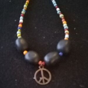 Beaded Necklace with Peace Sign Charm - Black and Multicolor